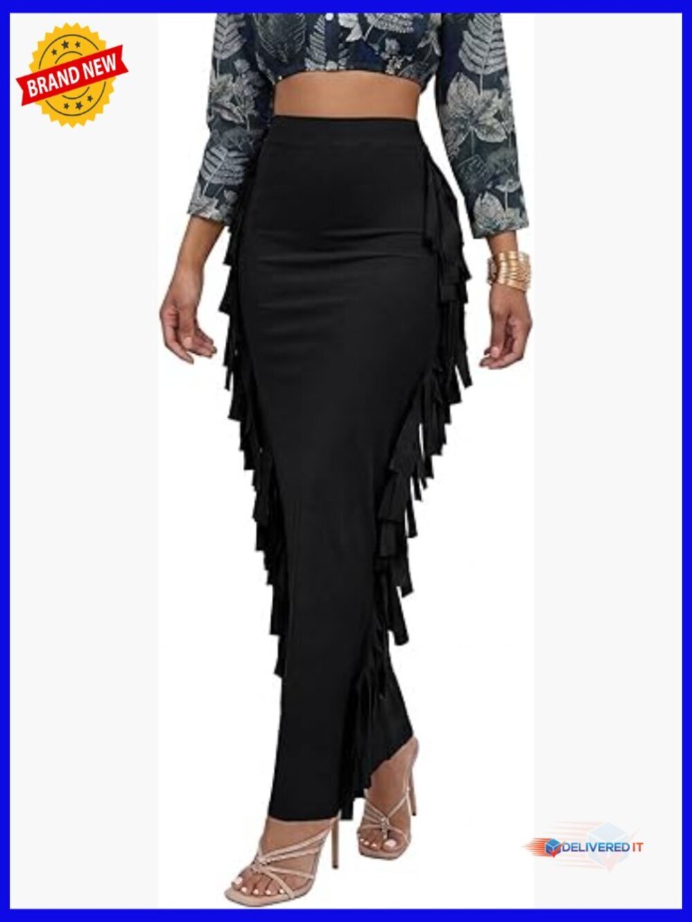 Fringe Side Tassel Elastic Waist Slim Bodycon Long Maxi Pencil Skirt